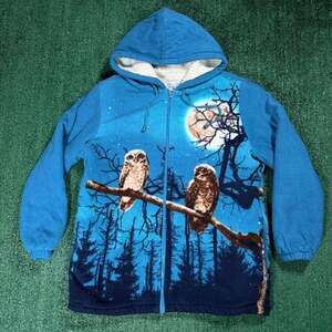 Mens Classic Editions Owl Print Sherpa Fleece Zip-Up Hoodie Jacket Small